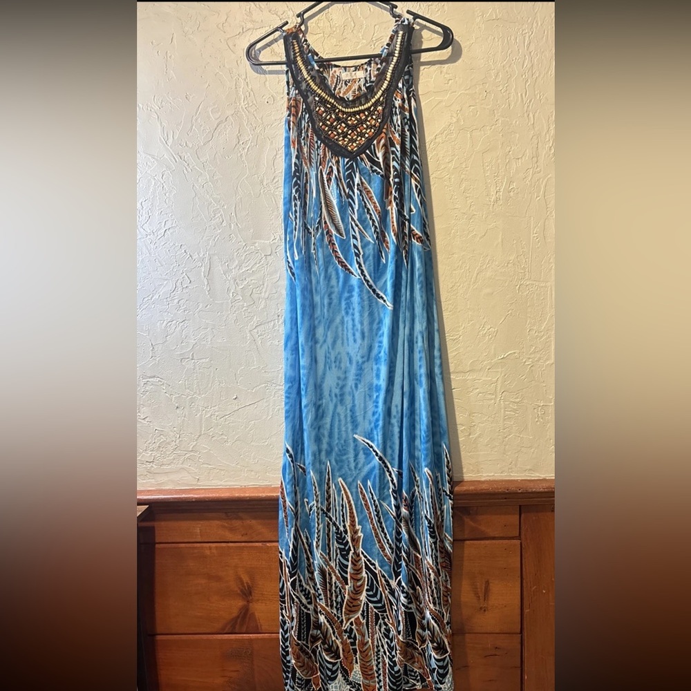 Beautiful Blue Silk Dress With feather print Size M/L
